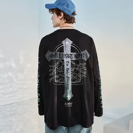 木村三社x救赎系列十字架印花2022早春新款纯棉长袖t恤男潮牌上衣商品大图