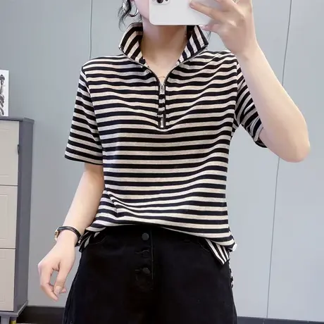 欧版立领短袖T恤女2023夏新款条纹拉链纯棉卫衣宽松显瘦减龄上衣图片