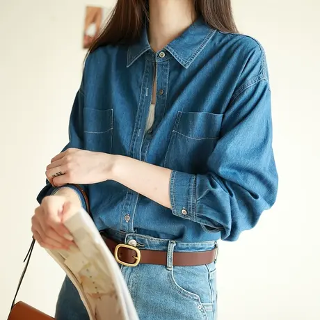 2023年新款牛仔衬衫女设计感小众上衣复古港风外套春秋衬衣图片