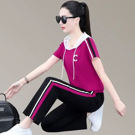 休闲连帽运动服套装女2023年新款时尚薄款直筒裤宽松显瘦两件套潮商品大图