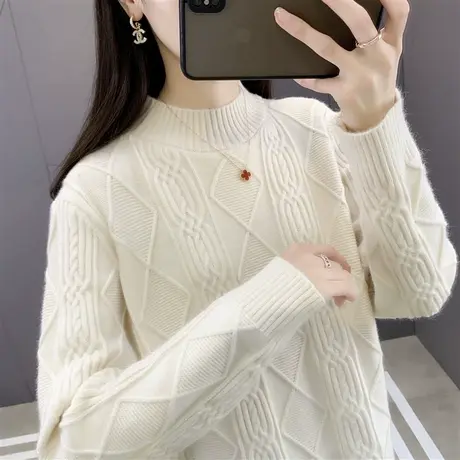 半高领慵懒风宽松绞花毛衣女冬厚2022新款套头洋气内搭针织打底衫图片
