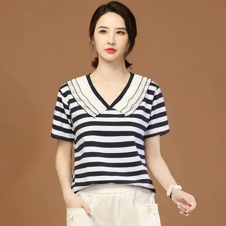 韩潮袭人V领条纹拼接短袖T恤女2023夏季新款休闲百搭体恤衫上衣图片