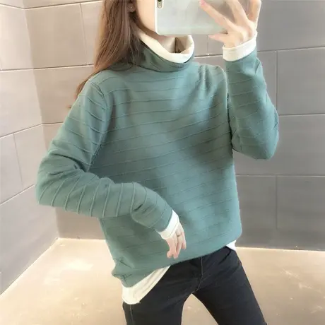 秋冬新款文艺范假两件半高领套头毛衣女长袖百搭秋冬打底衫针织衫图片