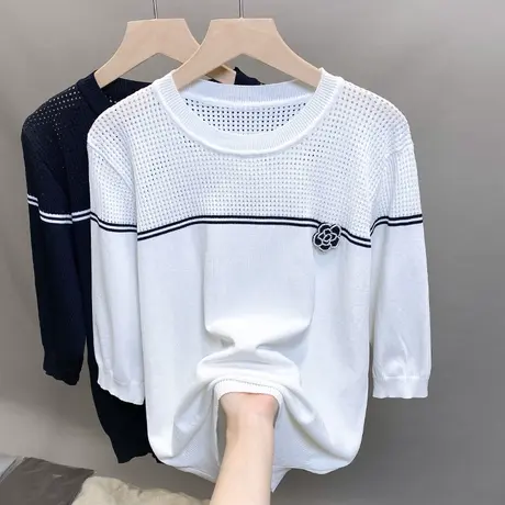 圆领冰丝镂空针织衫女2023春夏秋新款宽松外穿上衣薄中袖t恤衫潮图片