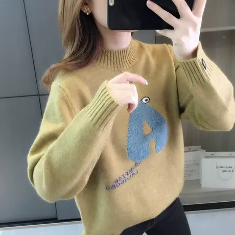 半高领毛衣女秋冬季新款字母卡通针织衫女装慵懒风学生上衣打底衫图片