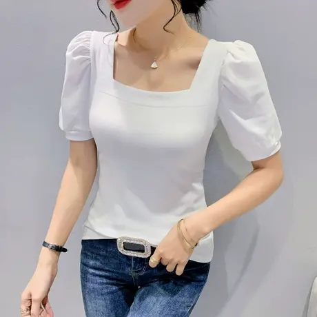 时尚方领泡泡袖T恤女短袖纯色百搭洋气上衣欧货别致修身显瘦小衫商品大图