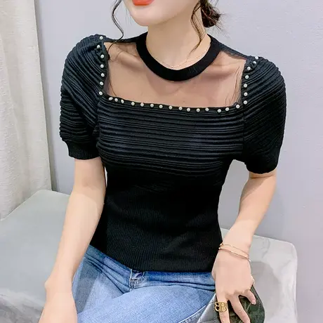 欧货女装2023新款网纱拼接针织短袖性感镂空心机T恤时尚钉珠上衣商品大图