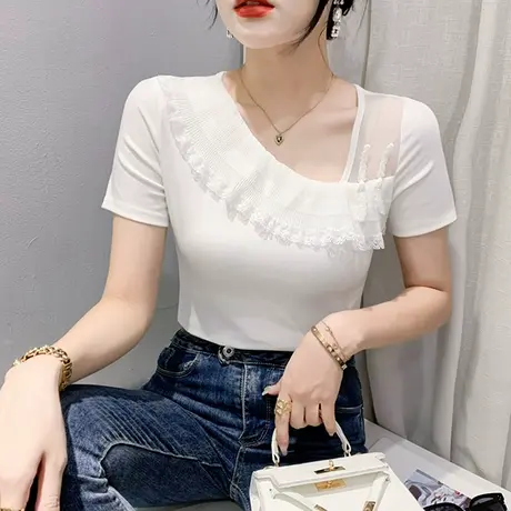 性感网纱拼接T恤女短袖2023夏季新款时尚荷叶边上衣纯色百搭小衫商品大图