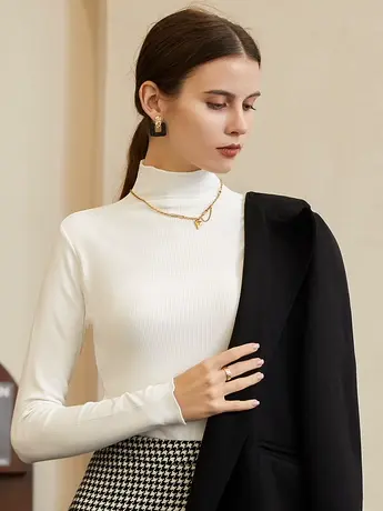 高领打底衫女士中领修身显瘦春秋新款上衣T恤内搭白色秋衣t恤秋季商品大图