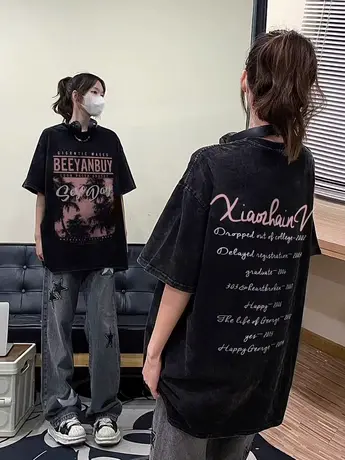 港味复古美式黑色水洗做旧短袖T恤女夏季新款设计感小众上衣ins潮商品大图