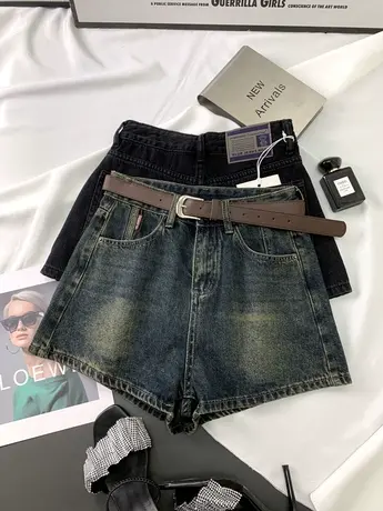 韩版磨白复古牛仔短裤女2023秋季新款显瘦百搭高腰短裤a字阔腿裤商品大图