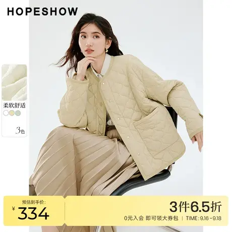 红袖outlets复古菱形格纹外套hopeshow2023秋装新款落肩宽松棉服图片