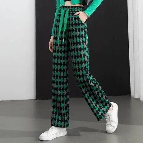 高腰窄版阔腿裤女2023新款春夏薄款女裤宽松休闲裤垂感格子直筒裤商品大图