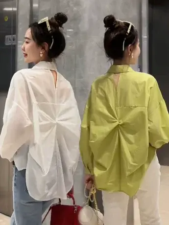 露后背蝴蝶结衬衫女设计感小众2023夏装新款镂空洋气显瘦白色衬衣商品大图