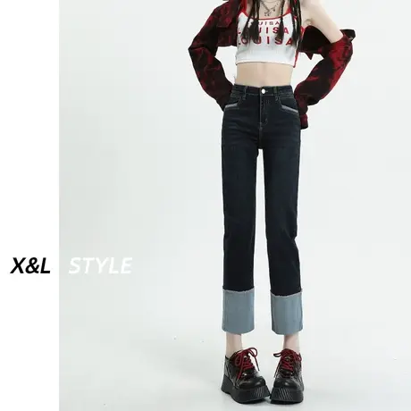 直筒牛仔裤女秋2023年新款早秋高腰显瘦设计感小众拼接百搭烟管裤商品大图