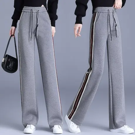 灰色三条杠灰色春秋窄版阔腿运动裤女垂感直筒宽松显瘦小个子卫裤图片