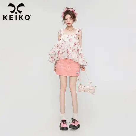 含苞玫瑰晕染白色雪纺上衣女2023夏季别致绝美碎花露肩吊带衬衫图片