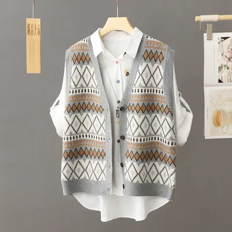 学院风v领针织背心女宽松秋冬上衣叠穿无袖毛衣开衫马甲外搭坎肩图片