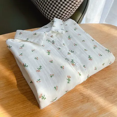 春秋季韩版文艺小清新双层纯棉纱碎花衬衫女休闲宽松印花打底衬衣图片
