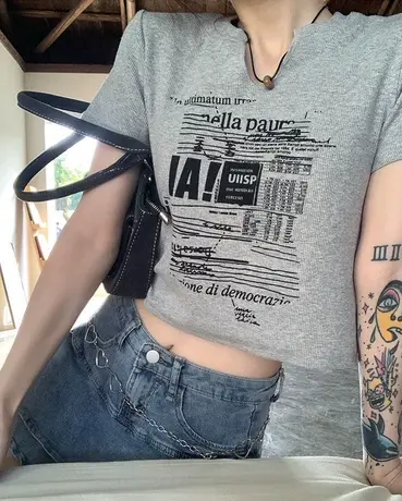 夏季2023年新款修身显瘦印花短袖T恤韩版纯棉百搭上衣女ins潮体恤商品大图