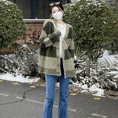 美式复古条纹毛衣女春秋小众设计高级感上衣慵懒风开衫外套ins潮商品大图