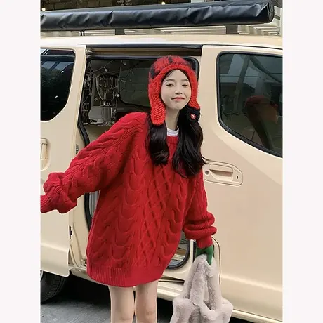 红色毛衣女秋冬季加厚宽松套头设计感小众上衣日系复古慵懒风外套商品大图
