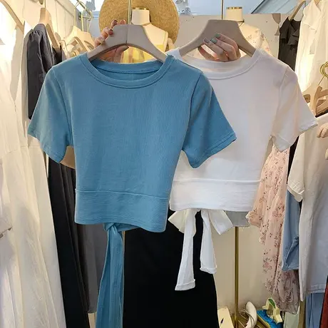 短袖t恤女夏季2020新款韩版ins潮小众设计感纯色显瘦系带短款上衣图片