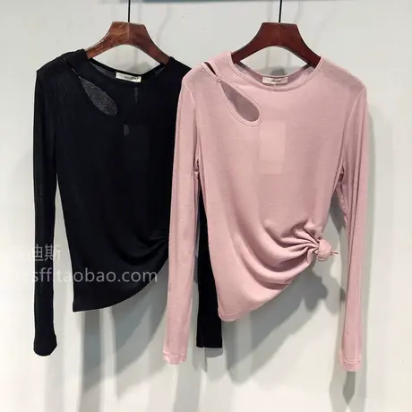 2023春装韩国新款纯色镂空小性感辣妹漏锁骨长袖T恤防晒衫女上衣图片