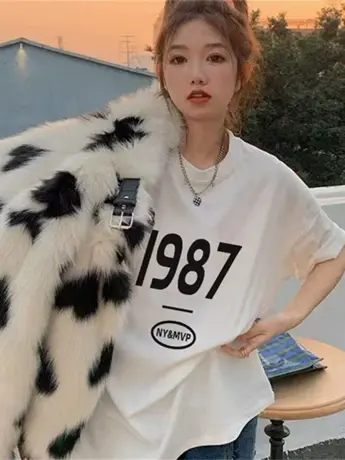 夏季2023年新款中长款短袖t恤女网红ins潮超火韩版宽松半袖上衣服商品大图