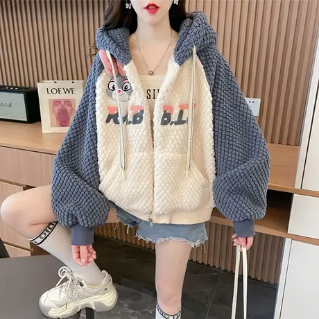 小个子羊羔毛外套女秋冬季韩版宽松加绒加厚撞色学生百搭开衫卫衣商品大图