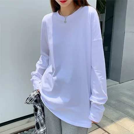 ins长袖秋衣复古嘻哈上衣vintage纯色打底衫体恤女宽松内搭大白t图片