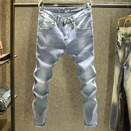 夏季薄款牛仔裤男欧洲站时尚轻奢修身小脚裤简约磨白潮流百搭裤子商品大图