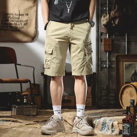 潮牌高密薄款纯棉卡其色工装短裤男休闲裤宽松美式复古五分裤中裤商品大图