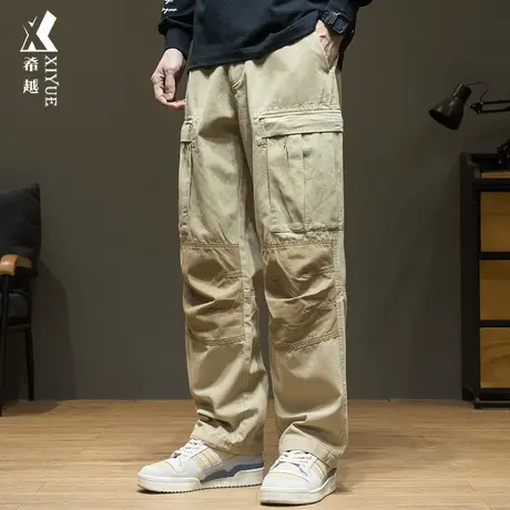 工装直筒休闲裤男款秋季美式卡其色多口袋抽绳伞兵裤宽松大码长裤商品大图