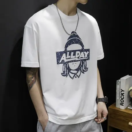 白色短袖t恤男士夏季宽松ins潮牌大码2023新款胖子加肥加大纯棉商品大图