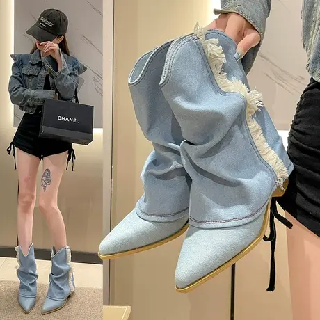 西部牛仔靴2023新款尖头堆堆长筒马丁靴复古裤管靴套筒粗跟骑士靴商品大图