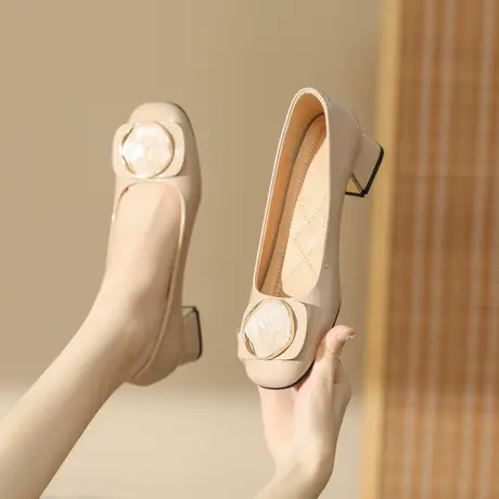 2023年夏季新款职业鞋不累脚气质仙女风圆头粗跟纯色浅口高跟鞋商品大图