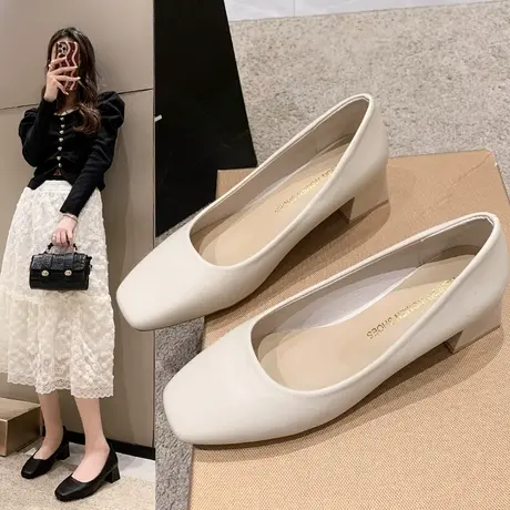 法式方头浅口单鞋女夏2023春秋款百搭女鞋粗跟气质皮鞋中跟高跟鞋图片