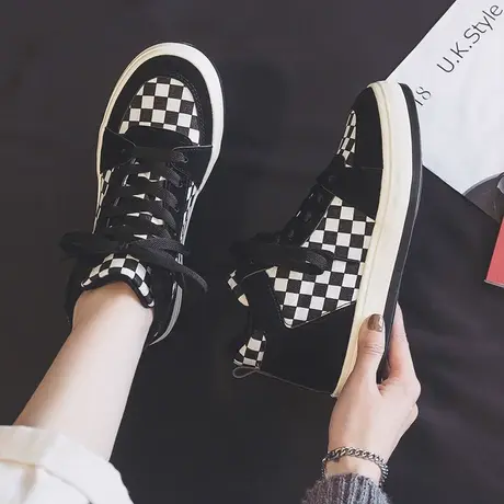 高帮帆布鞋女2023新款秋冬季韩版百搭格子布鞋保暖加绒棉鞋板鞋子商品大图