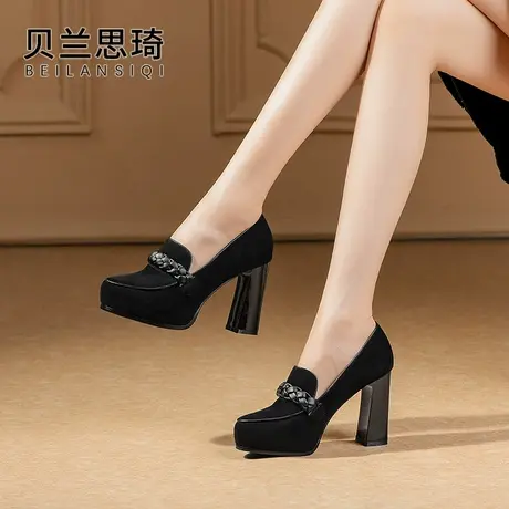 磨砂真皮圆头厚底中口粗跟单鞋女2023春秋季新款百搭防水台高跟鞋图片