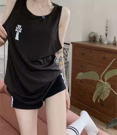 纯棉吊带运动坎肩背心无袖t恤女夏季设计感小众外穿宽松挂脖上衣商品大图