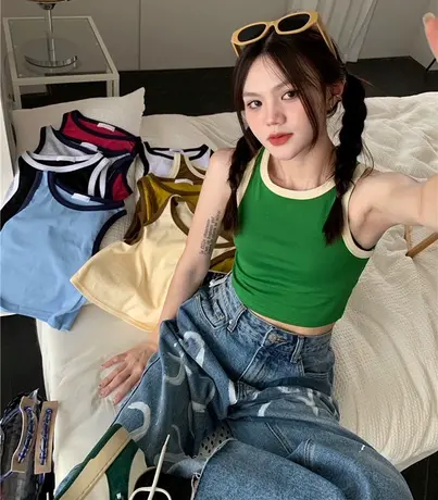 辣妹运动绿色工字小背心吊带女夏外穿修身显瘦bm内搭短款无袖上衣商品大图