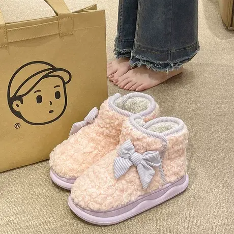 高帮包跟棉鞋女士冬季外穿可爱蝴蝶结毛绒保暖室内居家厚底棉拖鞋商品大图