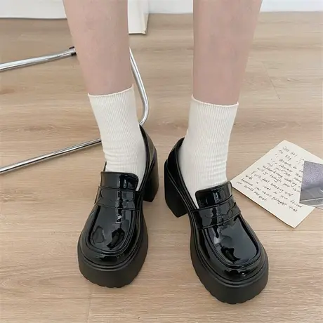 英伦风小皮鞋女春季2024新款辣妹厚底jk制服单鞋百搭粗高跟乐福鞋商品大图