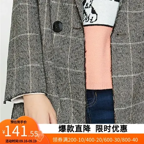 艾格2023春季女装羊毛纯色流行格子赫本风中长款休闲大衣外套Y113商品大图