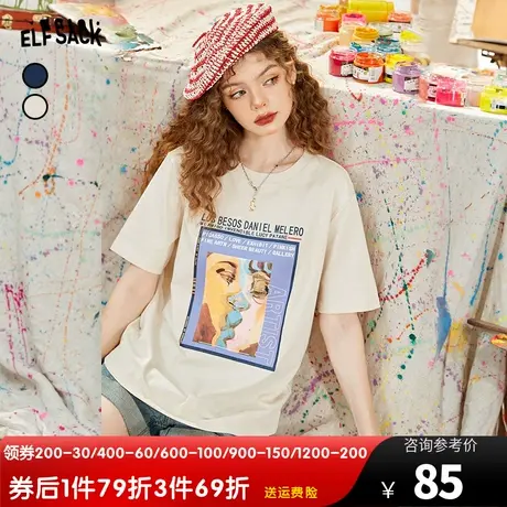 妖精的口袋圆领印花t恤女2023夏季新款宽松显瘦纯棉短袖休闲上衣商品大图