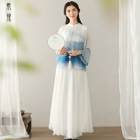 素飞明月踏风来夏季女中式汉服改良唐装古风上衣雪纺印花仙气茶服图片