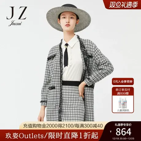 JZ玖姿小香风撞色拼接春季新款复古廓形黑白网格针织开衫女图片