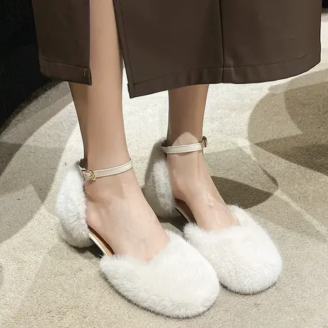 永希毛毛鞋女秋冬季2023新款中空配裙子气质高级感温柔粗跟高跟鞋图片