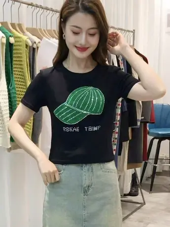 重工帽子烫钻短袖T恤女2023夏季新款ins短款甜辣设计感体恤上衣女商品大图